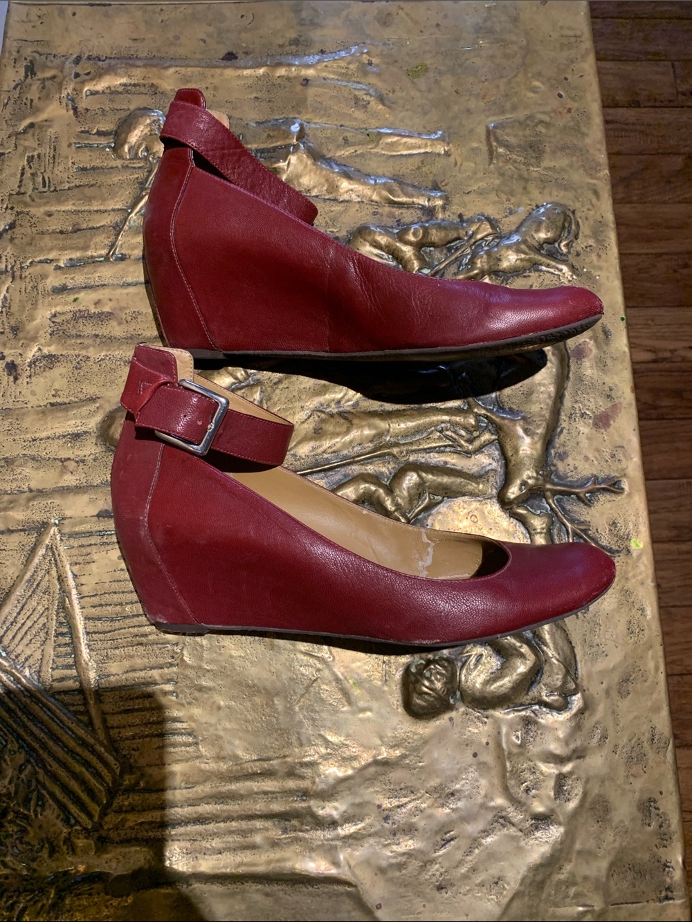 Women's Burgundy Leather Wedge Shoes with Ankle Strap
